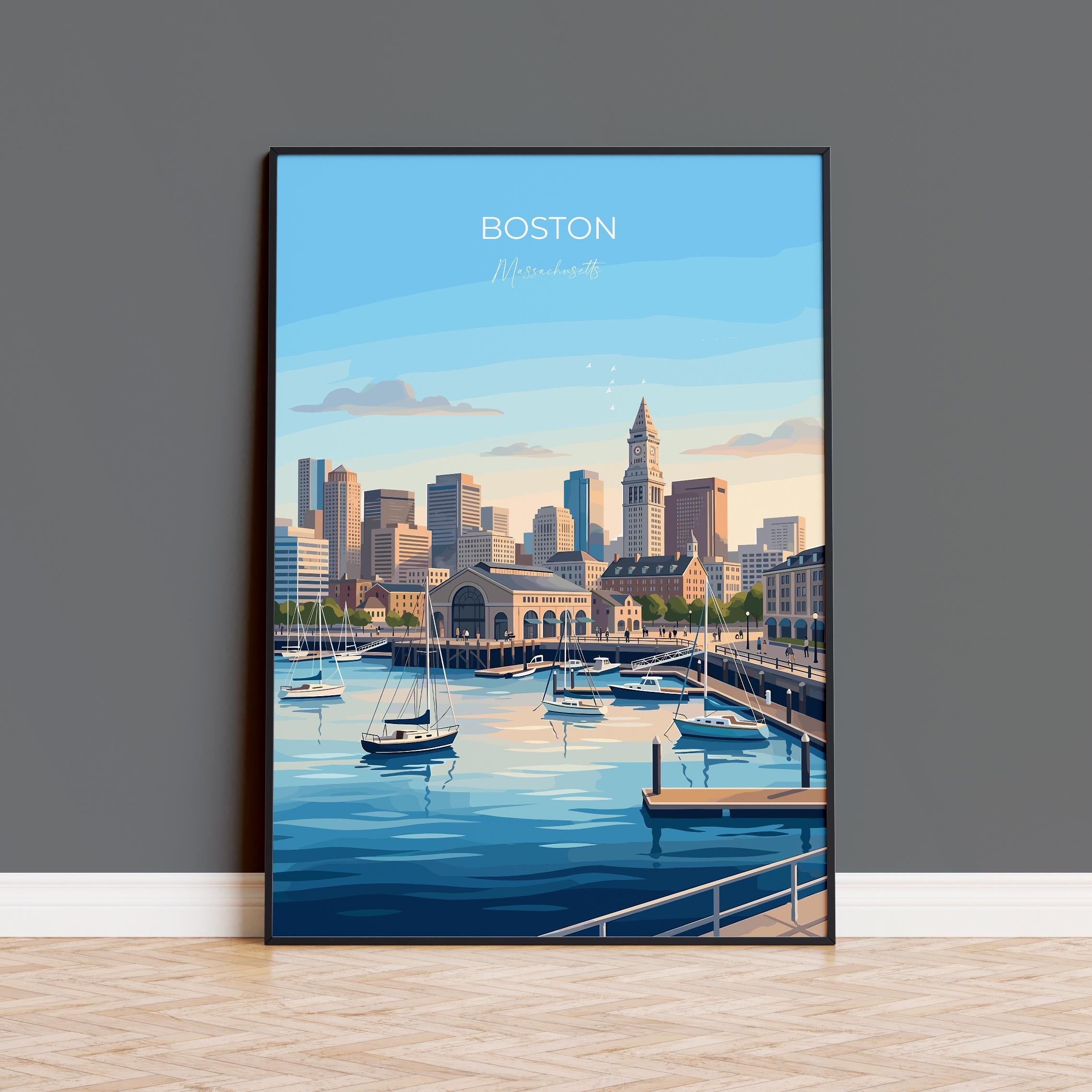 Boston USA Travel Print, Boston Harbor Skyline Wall Art, Waterfront Cityscape Poster, Massachusetts Illustration, Vintage Style Decor