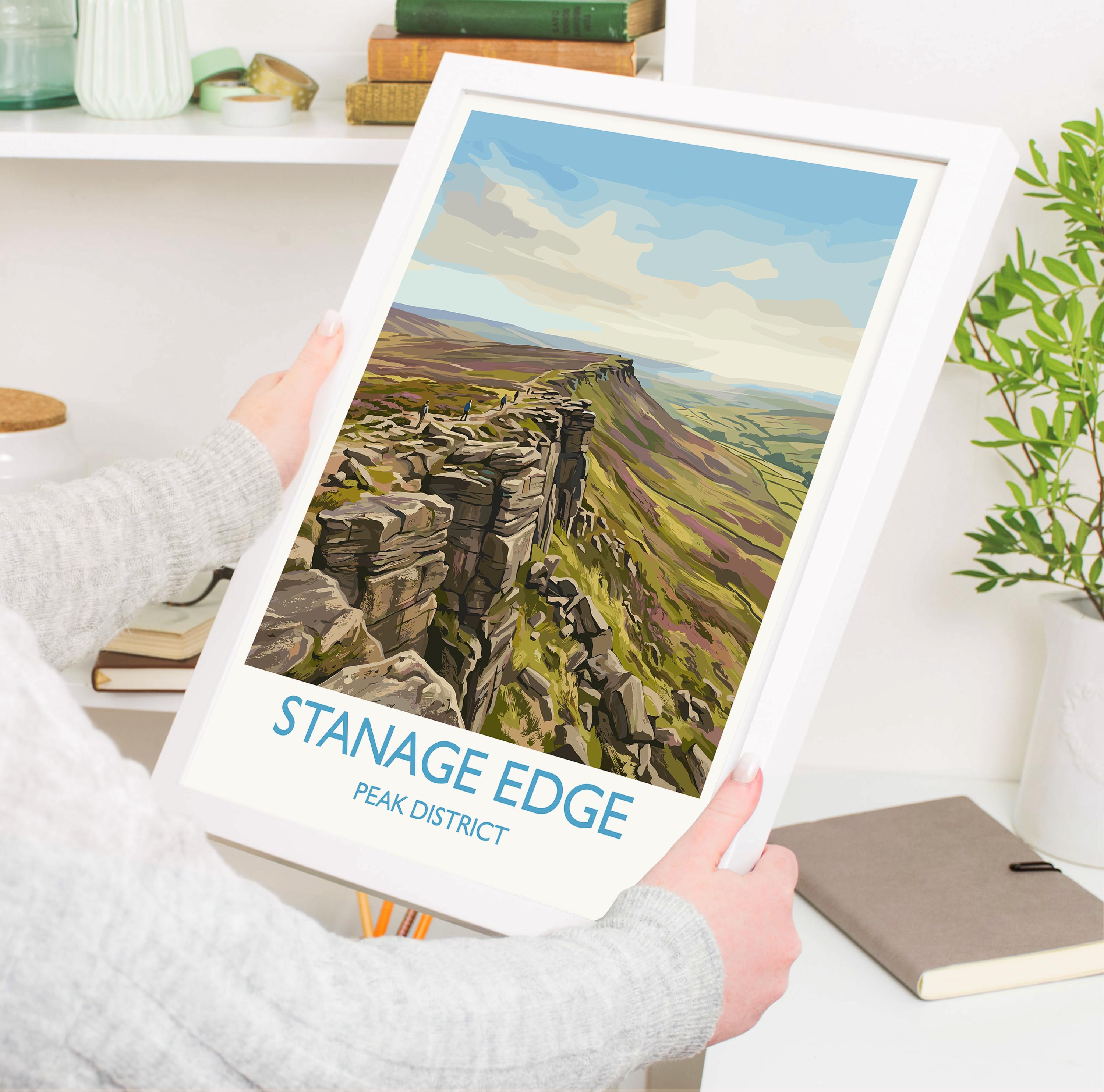 Stanage Edge Travel Poster, Peak District Wall Art, Derbyshire Landscape Print, Gritstone Ridge Illustration, Vintage Style UK Nature Decor