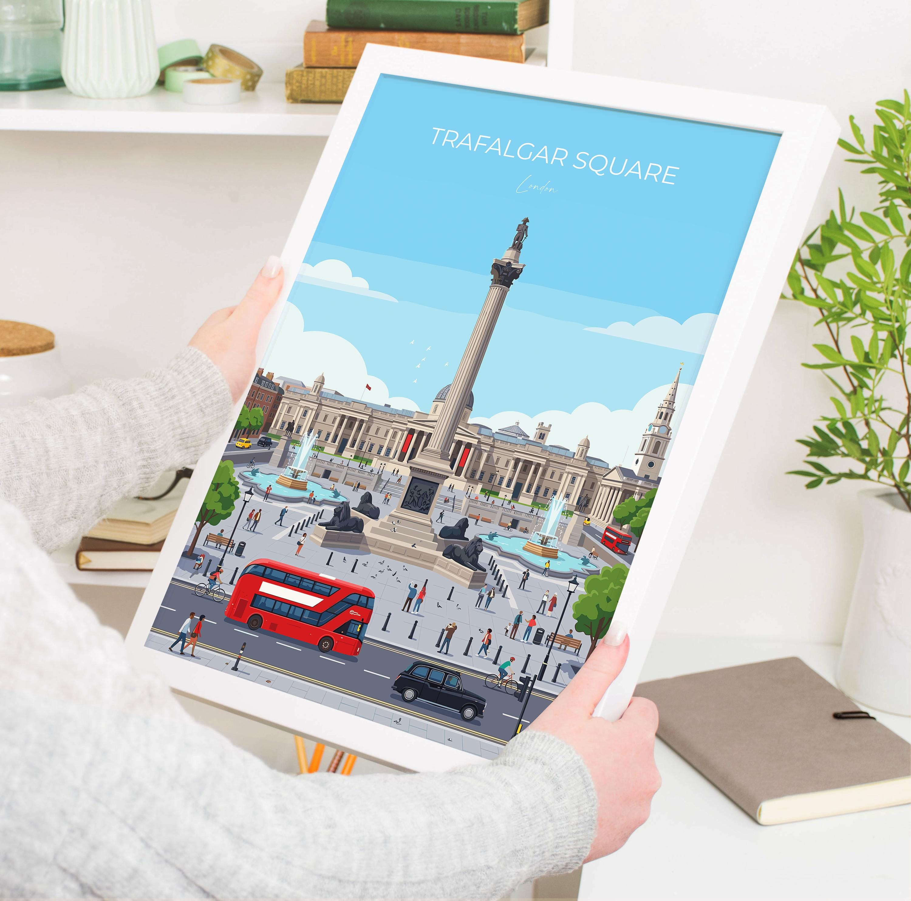 Trafalgar Square London Travel Print, London Wall Art Poster, Nelson’s Column Illustration, Vintage Style UK City Decor, Landmark Gift NQ Media Designs