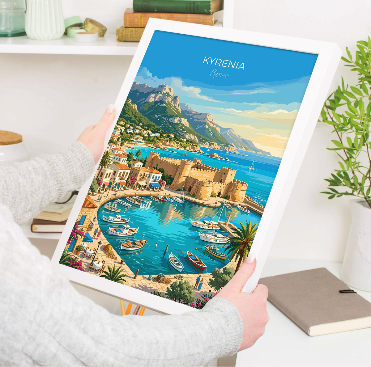 Kyrenia Cyprus Travel Print, Kyrenia Harbour Wall Art, Kyrenia Castle Poster, Cyprus Coastal Travel Poster, Mediterranean Vintage Decor