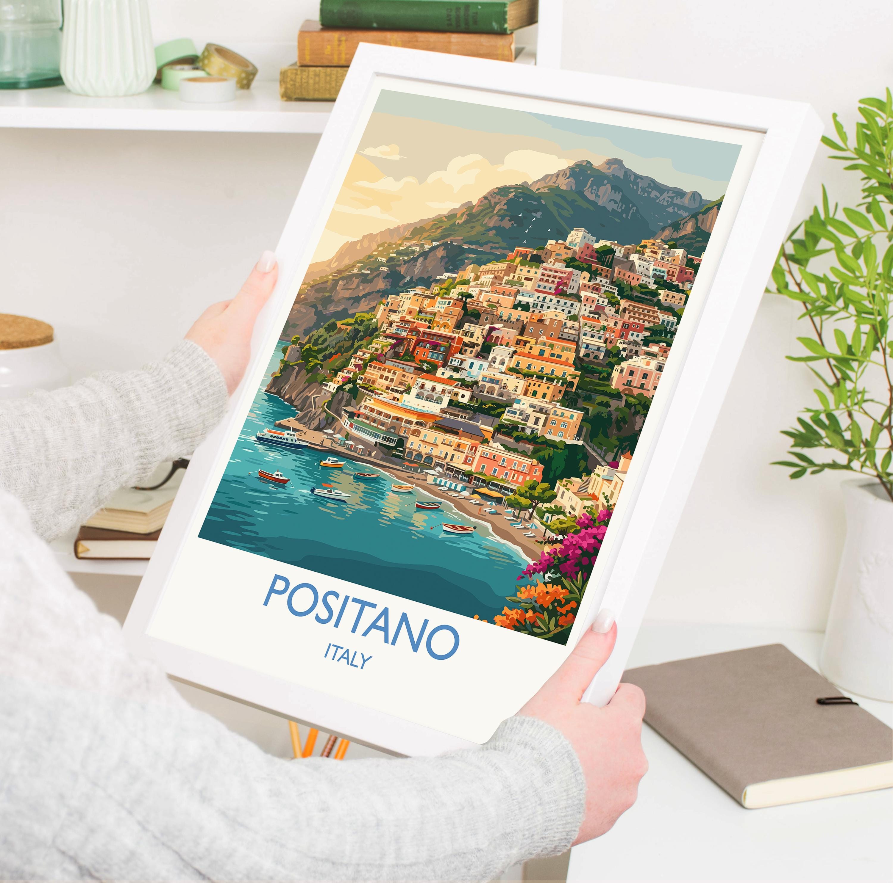 Positano Italy Travel Poster, Amalfi Coast Wall Art, Mediterranean Cliffside Village Print, Colourful Coastal Decor, Vintage Europe Style