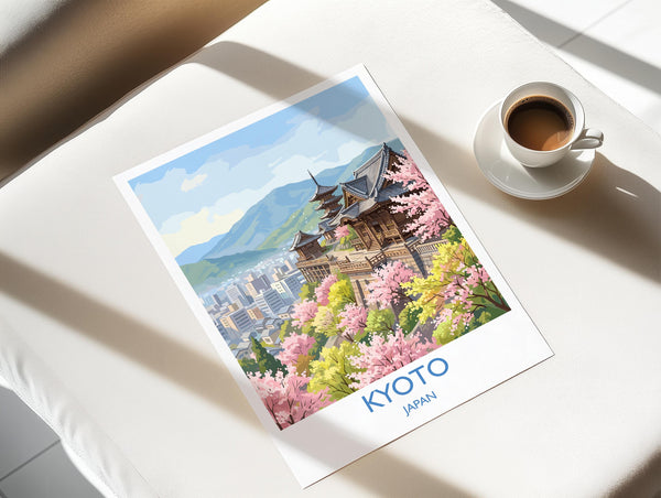 Kyoto Japan Travel Poster, Cherry Blossom Temple Wall Art, Japanese Landscape Print, Sakura Illustration, Asia Decor, Kyoto Gift