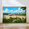 The image is a framed poster depicting a coastal town with colorful buildings, a sandy beach, and a body of water in the background.