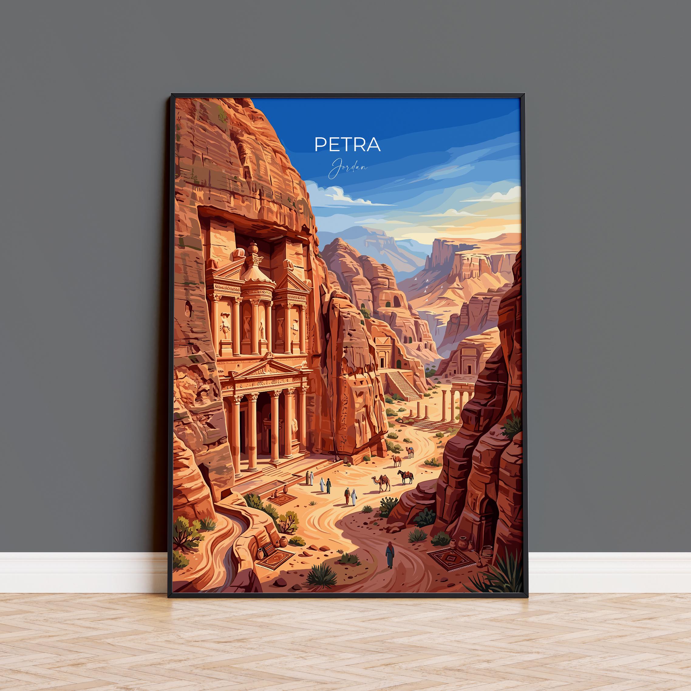 Petra Jordan Travel Print, Al-Khazneh Treasury Wall Art, Rose City Poster, Ancient Wonder Illustration, Vintage Style Middle East Decor