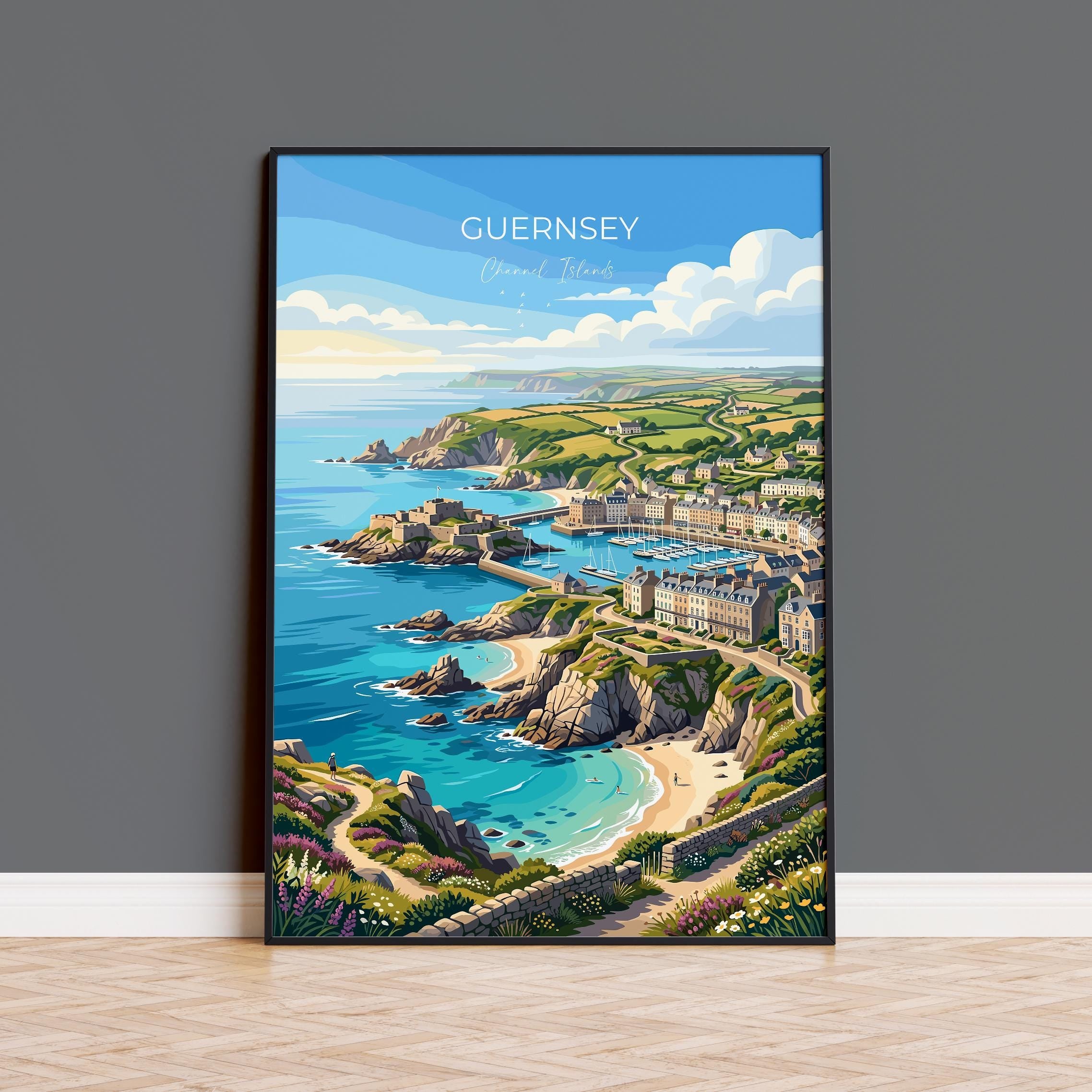 Guernsey Channel Islands Travel Print, Coastal Wall Art, Harbour & Seaside Poster, British Island Illustration, Vintage Style UK Decor