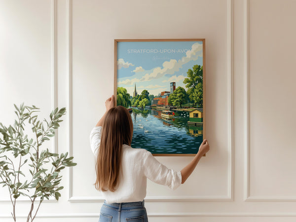 Stratford upon Avon Travel Print, River Avon Wall Art, Royal Shakespeare Theatre Poster, Holy Trinity Church Illustration, UK Decor