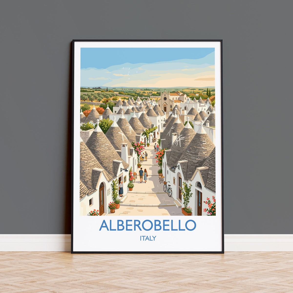 Alberobello Italy Print, Trulli Houses Wall Art with Border, Puglia Village Poster, Italian Travel Print, Alberobello Gift Print