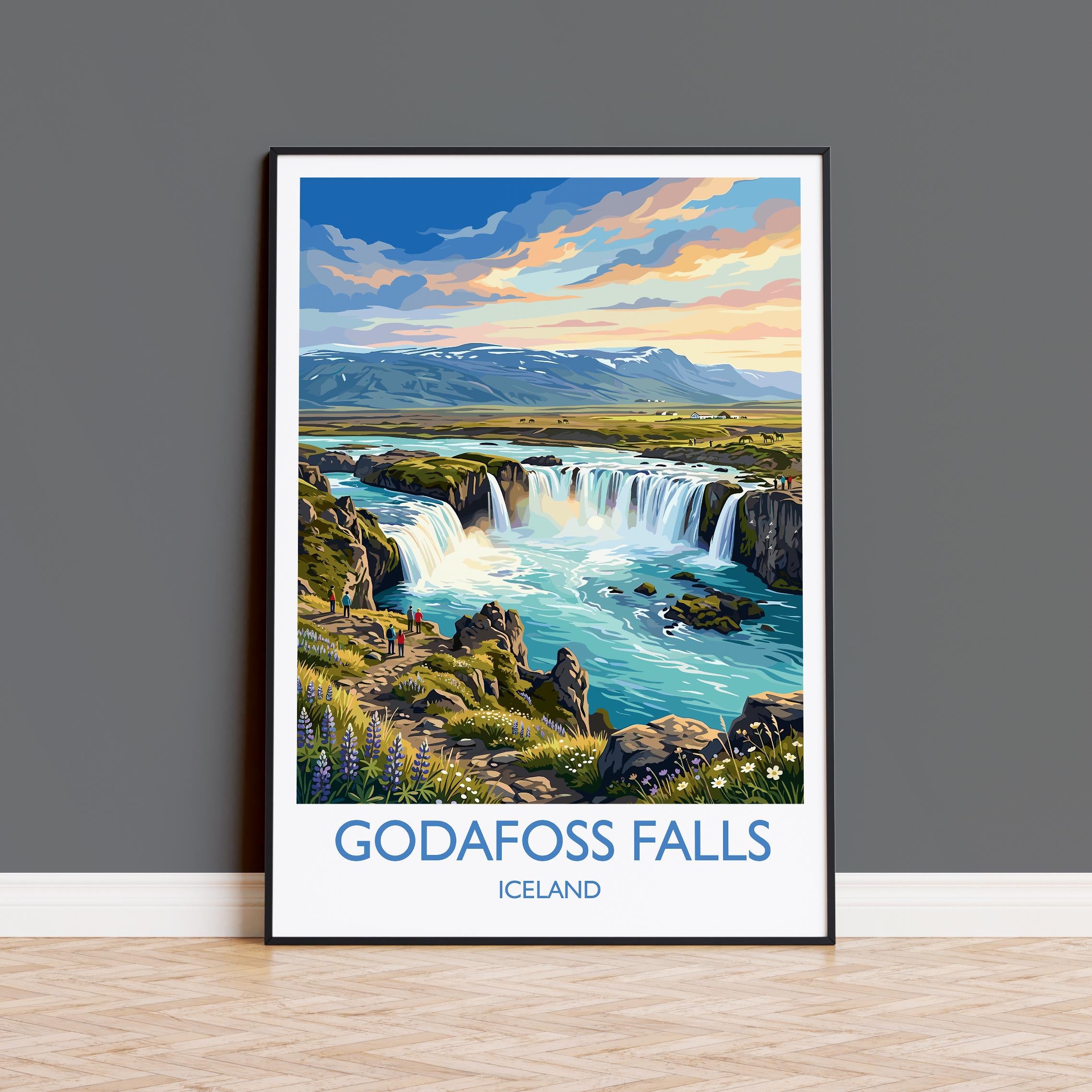 Godafoss Waterfall Iceland Travel Poster, Goðafoss Wall Art, Iceland Waterfall Print, North Iceland Landscape, Vintage Style Nordic Decor