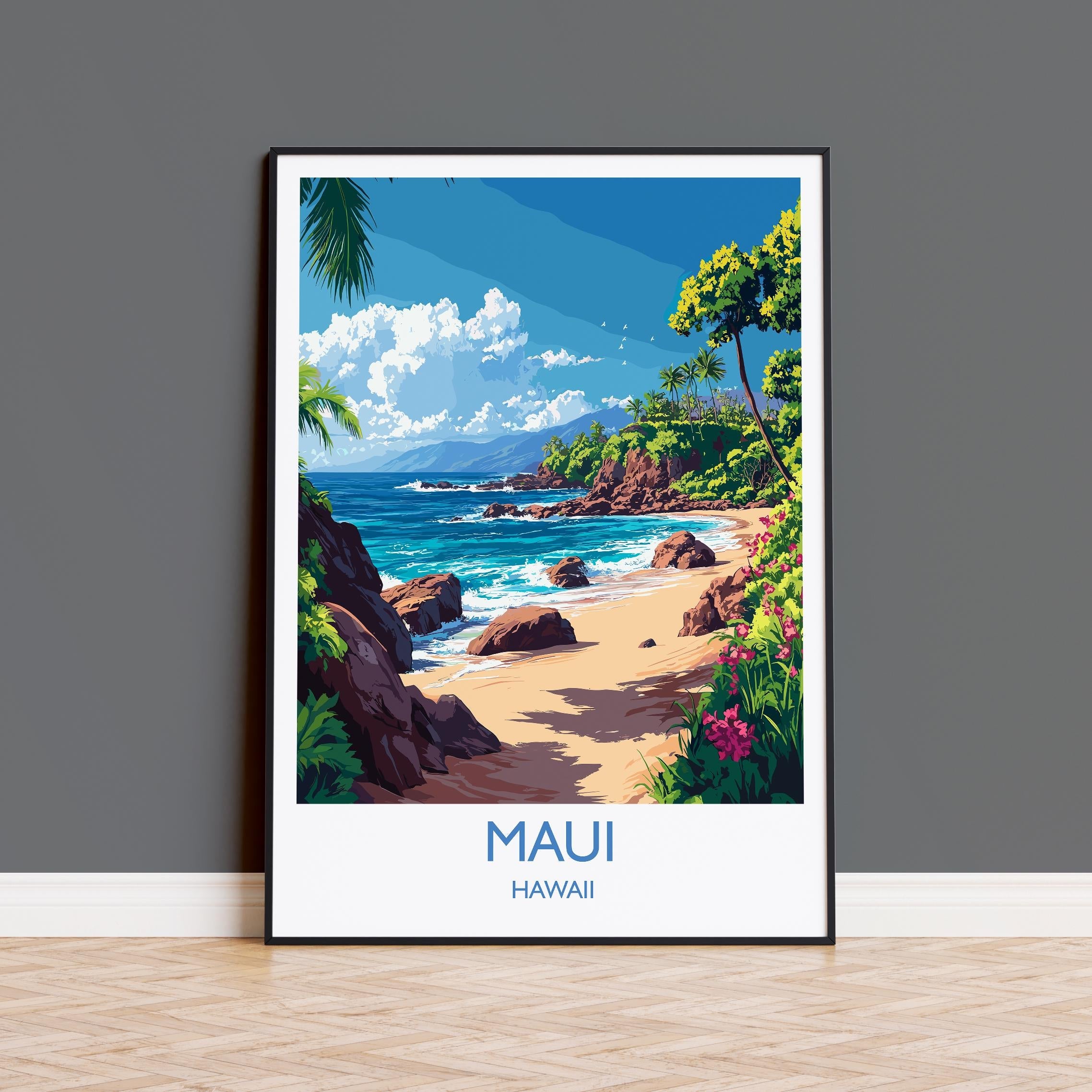 Maui Hawaii Travel Poster, Tropical Beach Wall Art, Hawaiian Island Landscape Print, Vintage Style Ocean Decor, Hawaii Vacation Gift NQ Media Designs