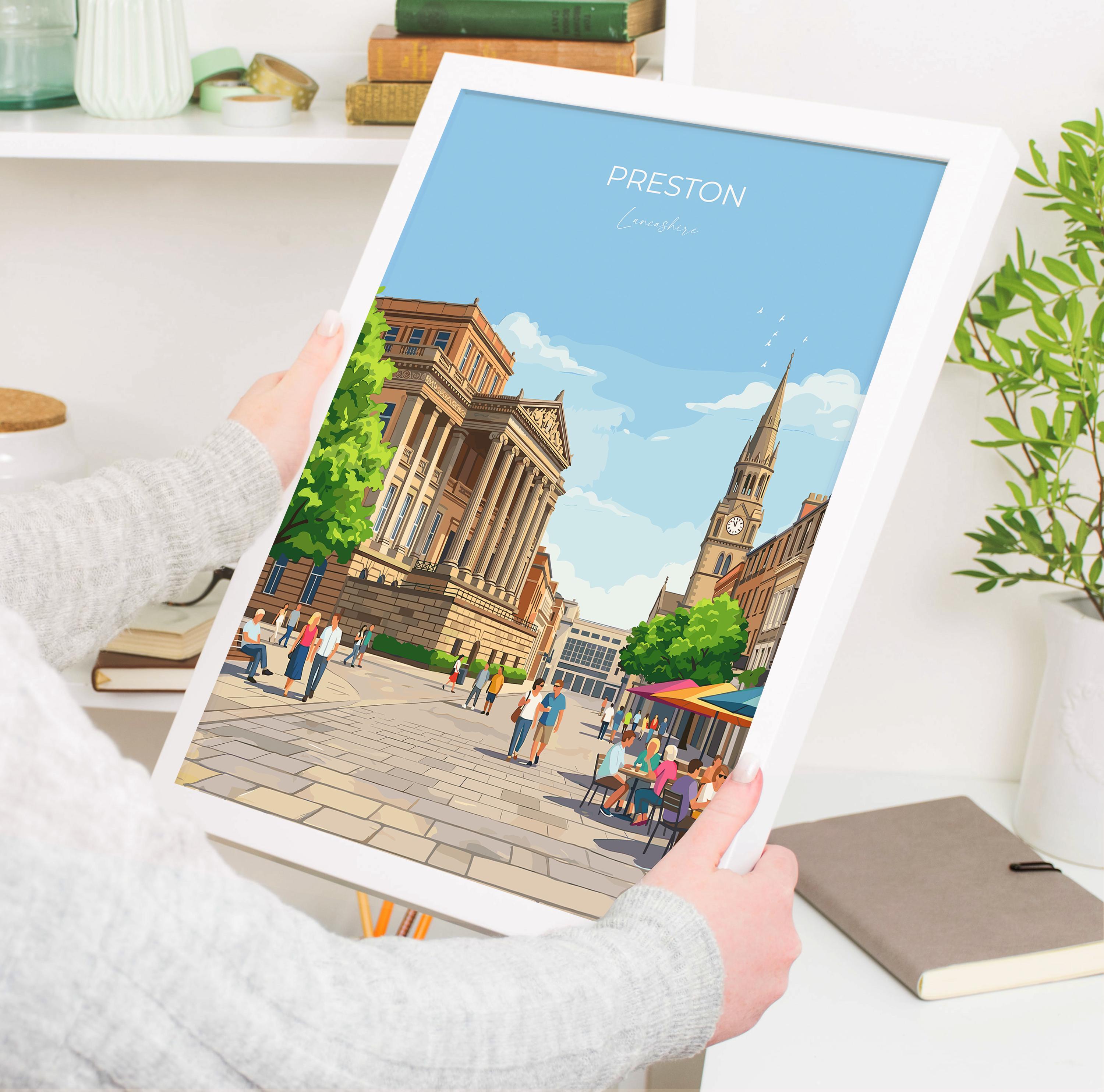 Preston Lancashire Travel Print, Preston City Wall Art, Lancashire Poster, Historic UK City Illustration, Vintage Style Decor, Preston Gift