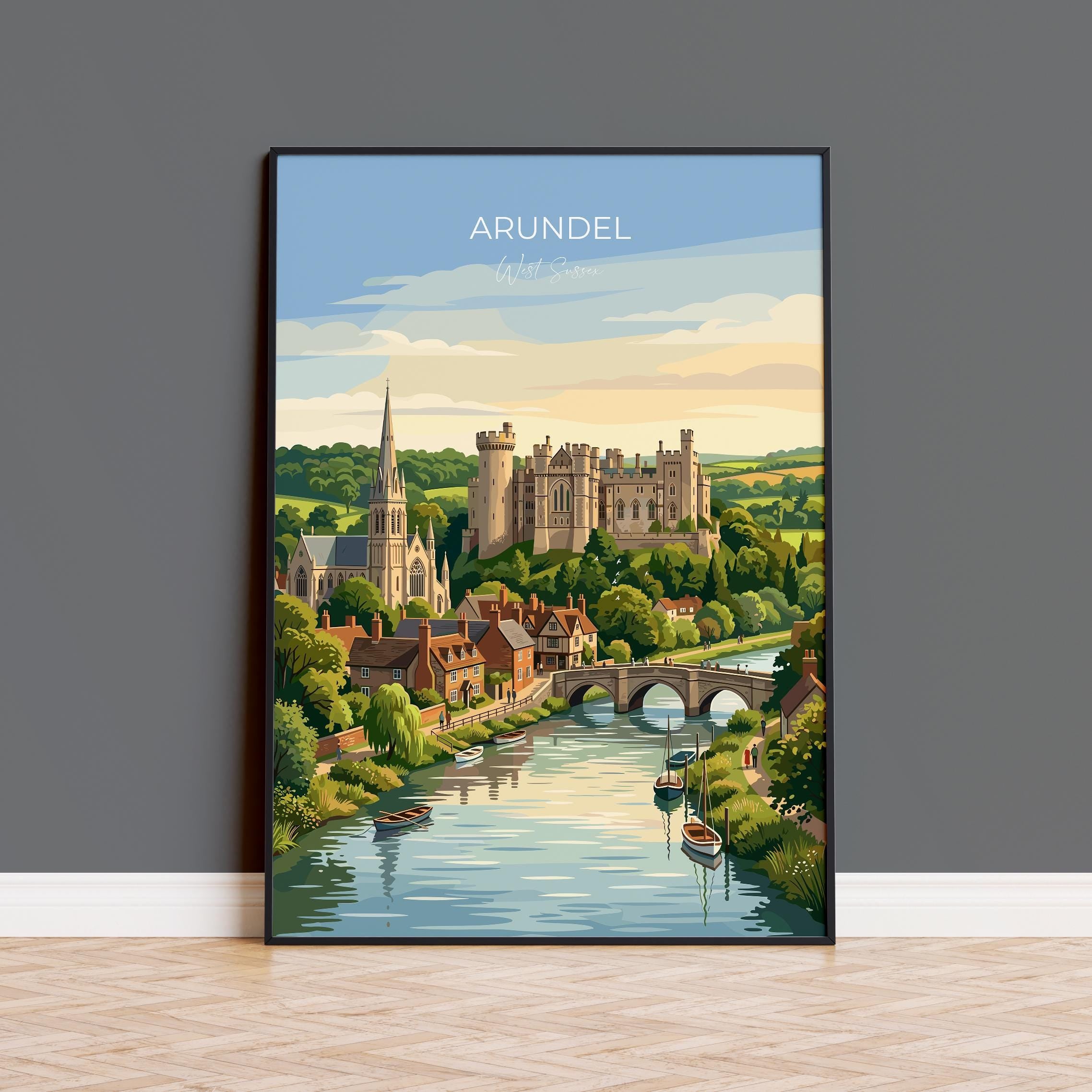 Arundel Castle Travel Print, Arundel Cathedral River View Wall Art, West Sussex Poster, Historic Town Illustration, Vintage Style UK Decor