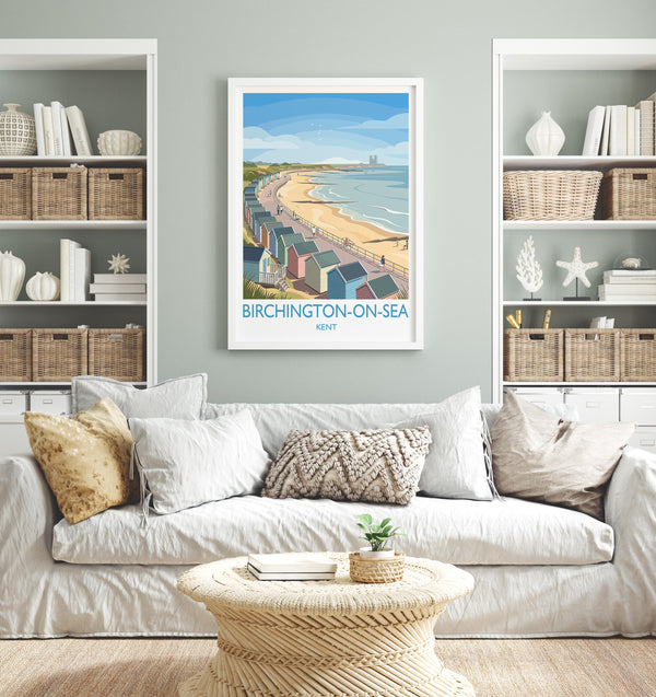 Birchington on Sea Travel Poster, Reculver Towers Beach Huts Wall Art, Kent Coast Print, Seaside Landscape Illustration, UK Coastal Decor
