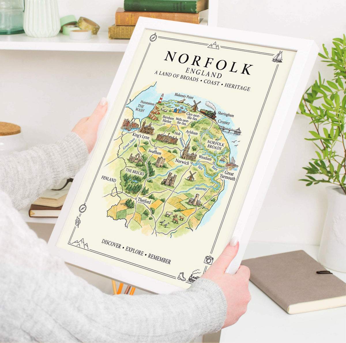 Norfolk Illustrated Map Print, England Wall Art, Norfolk Broads Map Poster, Framed or Canvas Print, Norfolk Gift