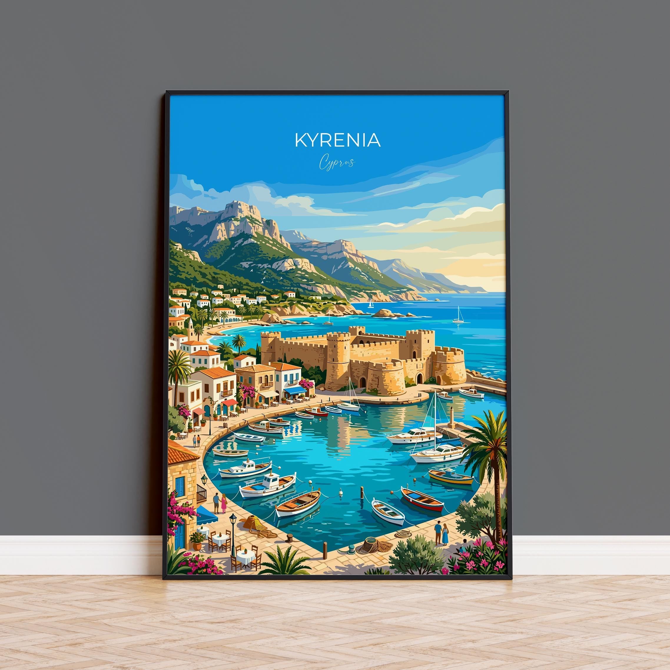 Kyrenia Cyprus Travel Print, Kyrenia Harbour Wall Art, Kyrenia Castle Poster, Cyprus Coastal Travel Poster, Mediterranean Vintage Decor