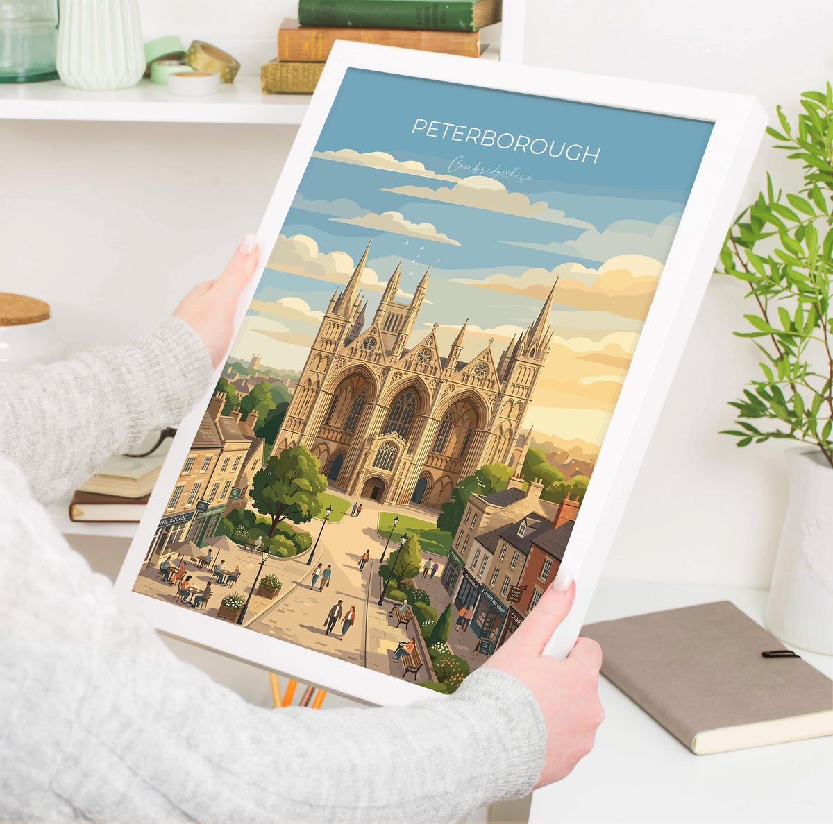 Peterborough Cambridgeshire Travel Poster, Peterborough Cathedral Wall Art, Historic City Print, England Illustration, Vintage Style Decor