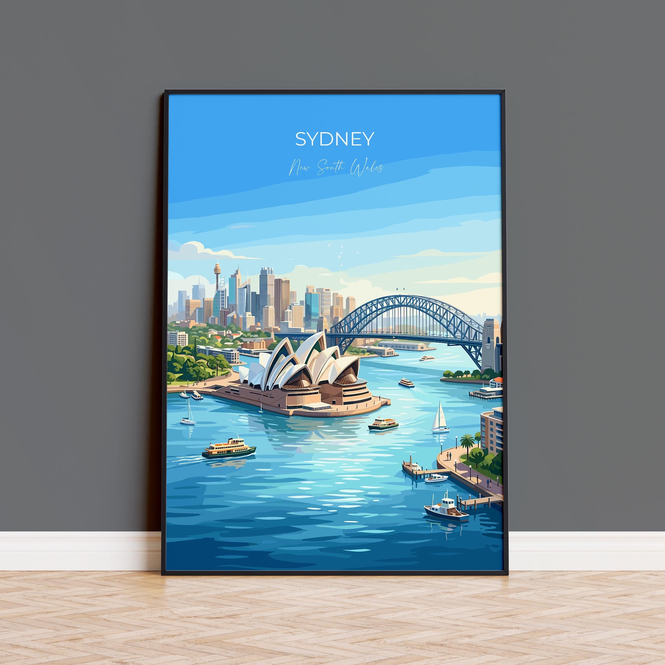 Sydney Australia Travel Print, Sydney Opera House Wall Art, Harbour Bridge Poster, Sydney Harbour Cityscape, Vintage Style Australia Decor