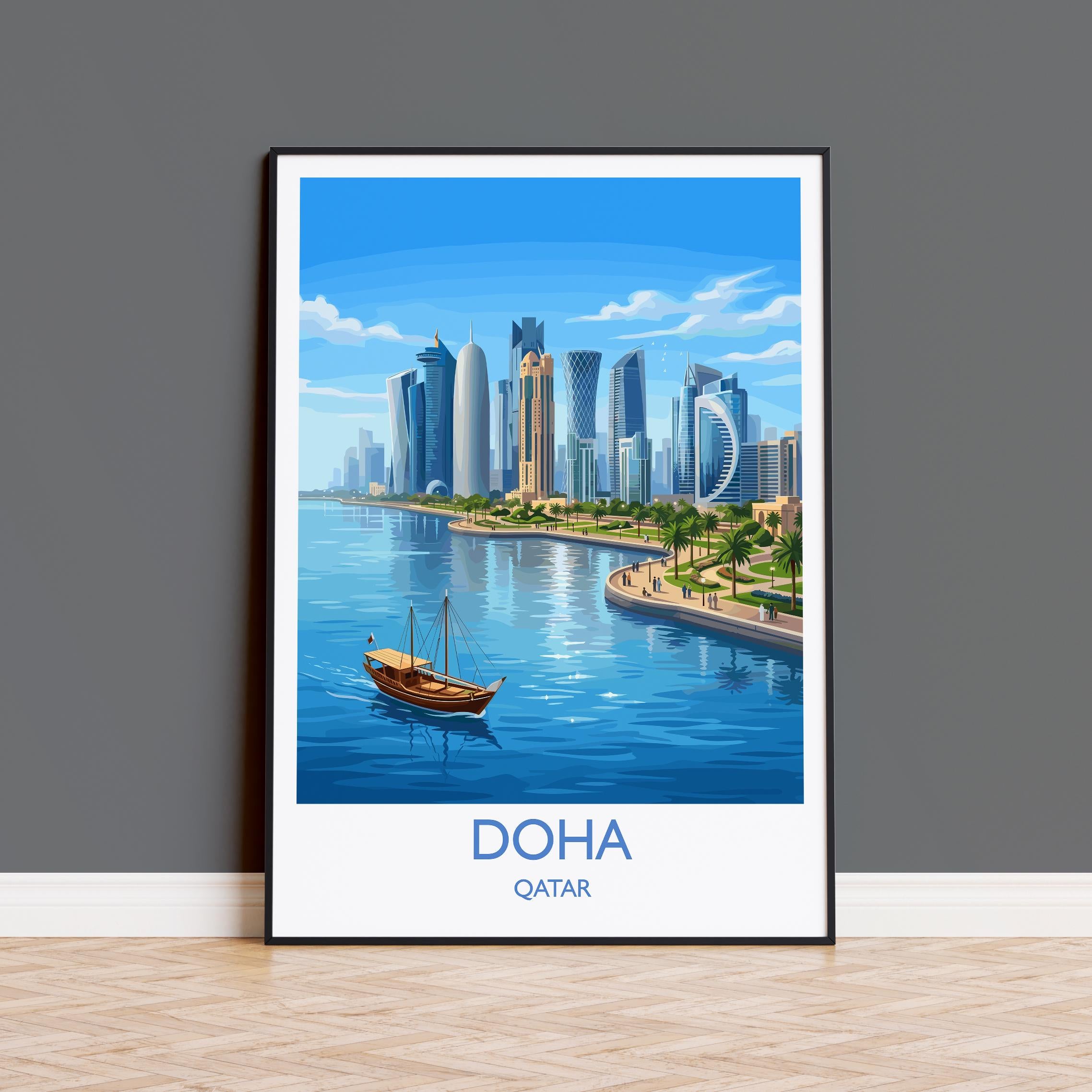 Doha Qatar Travel Poster, Doha Skyline Wall Art, Modern Cityscape Print, Arabian Gulf Illustration, Vintage Style Middle East Decor
