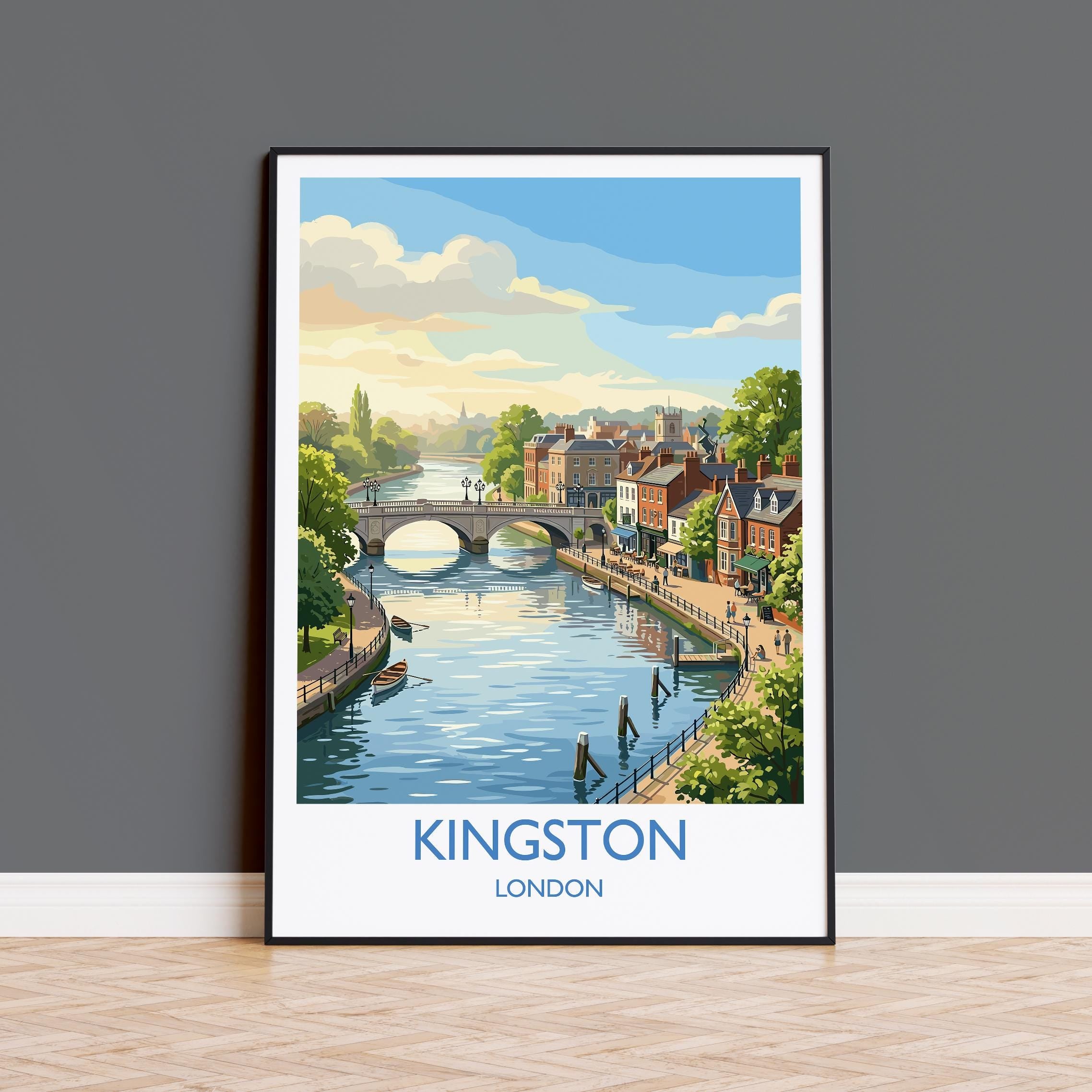 Kingston upon Thames Travel Poster, Kingston Bridge River Thames Wall Art, Surrey Riverside Print, Historic Town Art, Vintage Style UK Decor