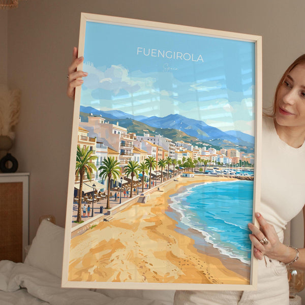 Fuengirola Spain Travel Print, Costa del Sol Beach Wall Art, Seaside Promenade Poster, Spanish Coastal Illustration, Holiday Decor