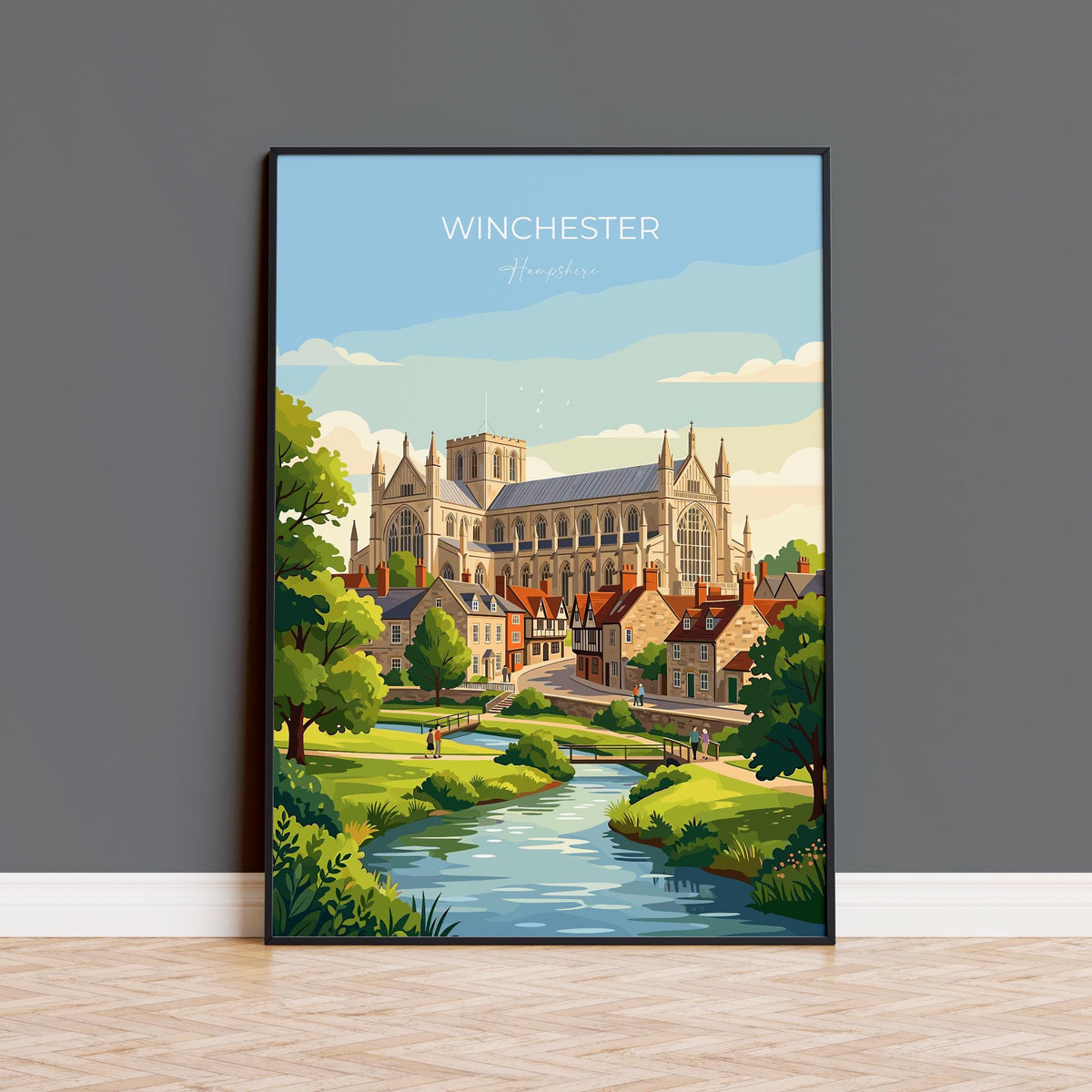 Winchester Hampshire Travel Print, Winchester Cathedral Wall Art, Historic City Poster, Hampshire Illustration, Vintage Style UK Decor