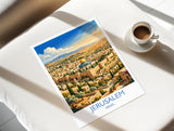 Jerusalem Israel Travel Poster, Old City Wall Art, Dome of the Rock Print, Jerusalem Skyline Illustration, Historic Middle East Decor