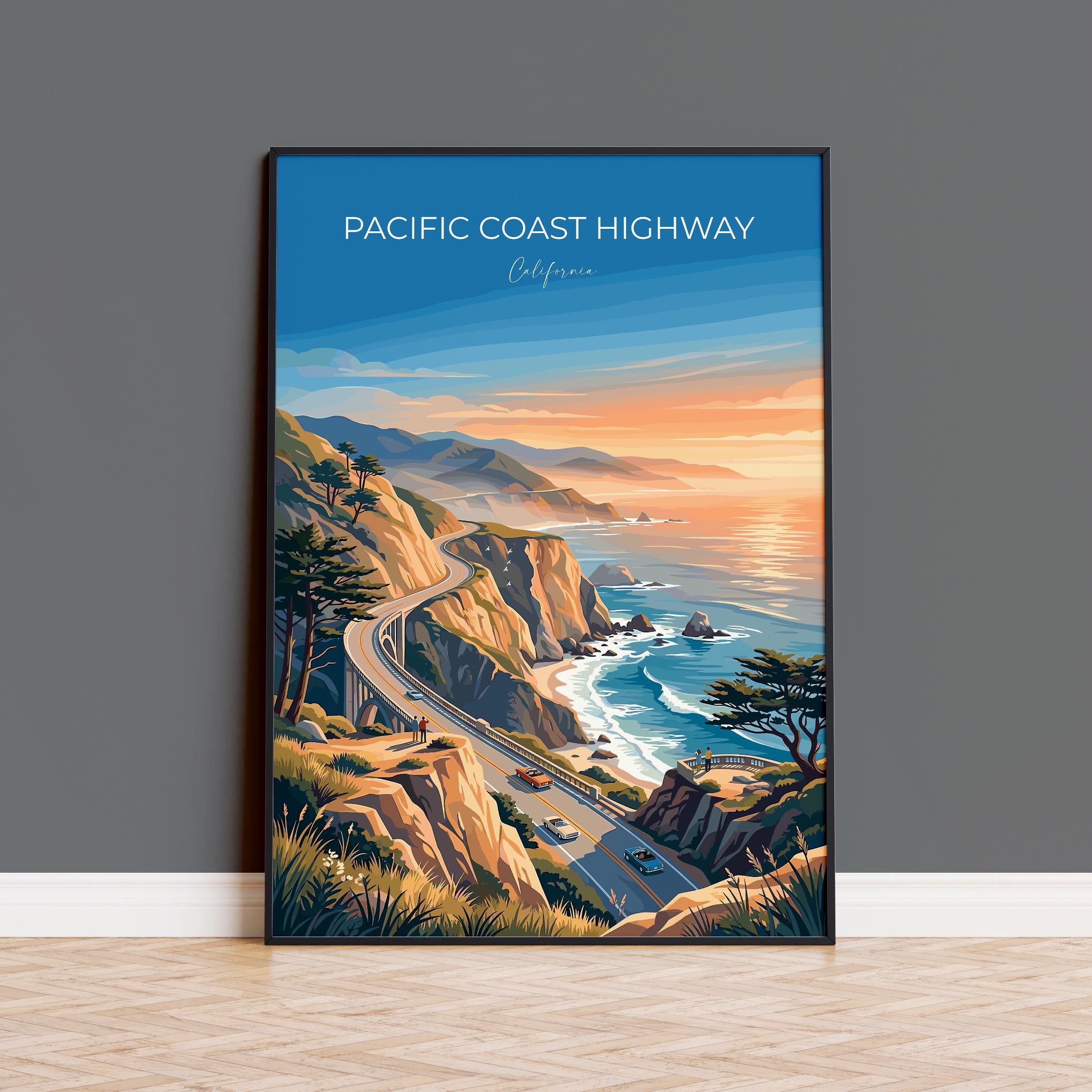 Pacific Coast Highway Travel Print, California Coast Wall Art, Big Sur Scenic Drive Poster, Highway 1 Illustration, Vintage Style USA Decor