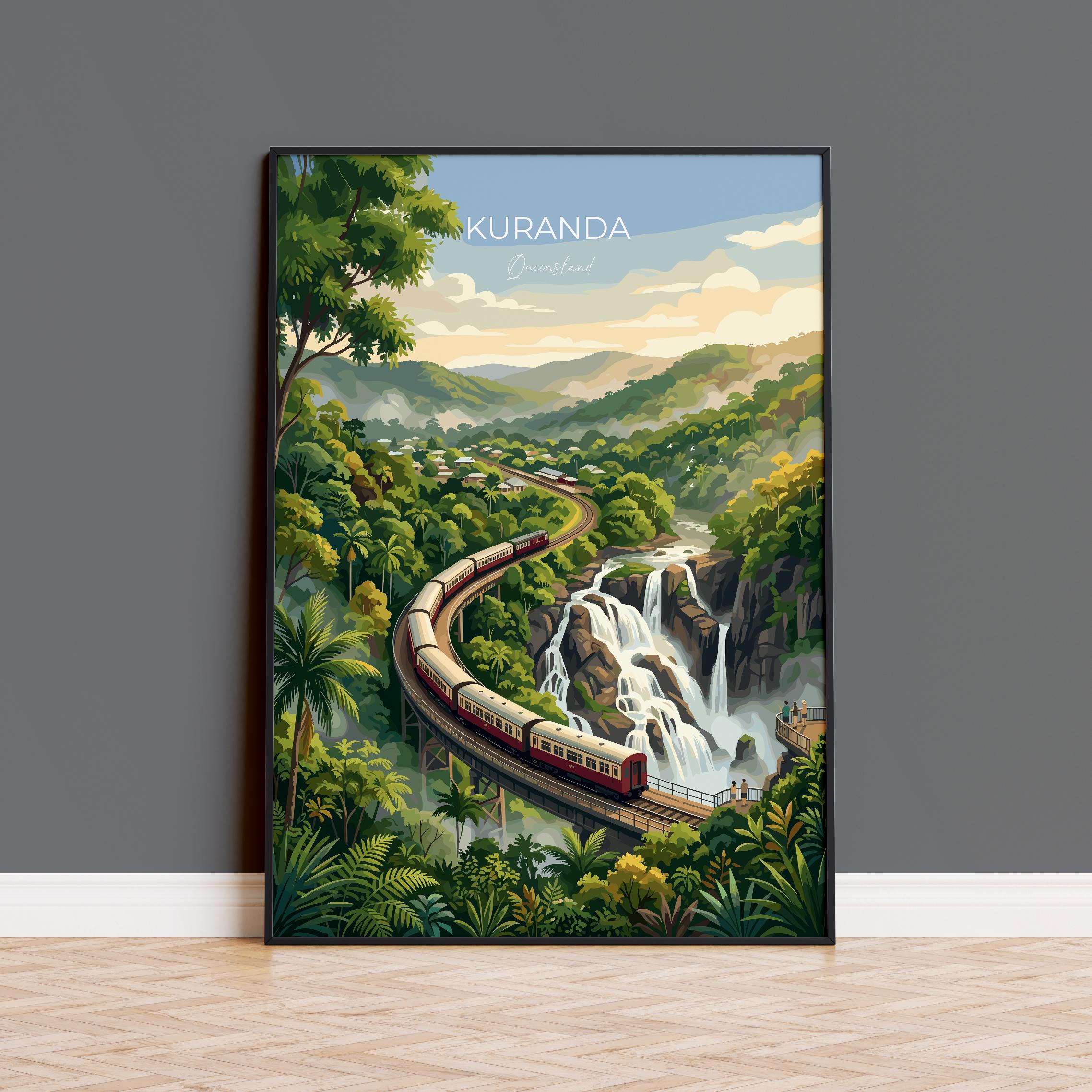 Kuranda Australia Travel Print, Kuranda Scenic Railway Wall Art, Queensland Rainforest Waterfall Poster, Tropical Vintage Style Decor