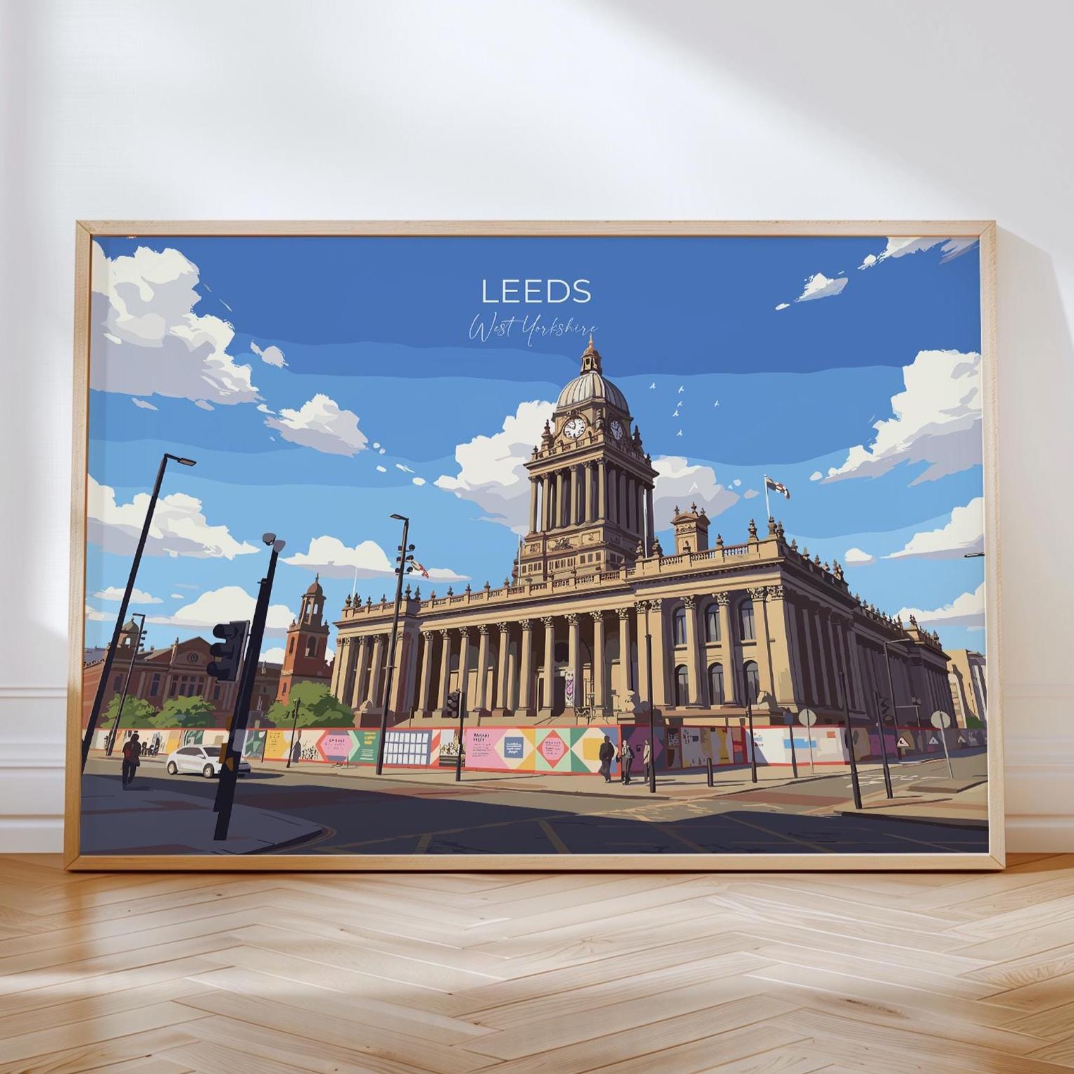 Leeds City Art Print, Leeds City Hall, West Yorkshire Landscape Poster, England UK City Travel Decor NQ Media Designs