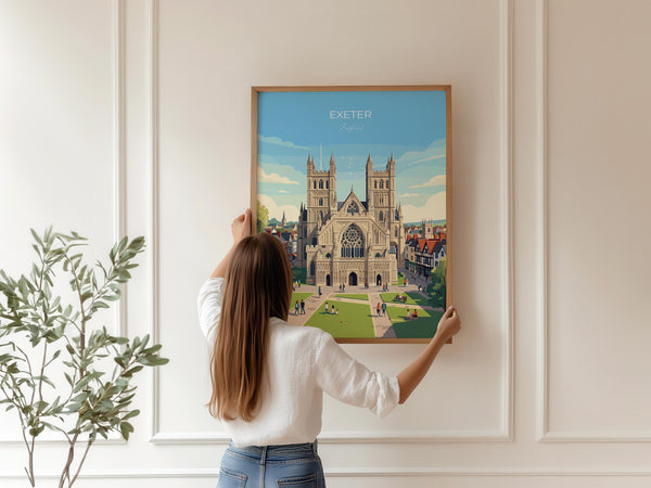 Exeter Cathedral Travel Print, Exeter Devon Wall Art, Historic England City Poster, Gothic Architecture Illustration, UK Decor, Exeter Gift