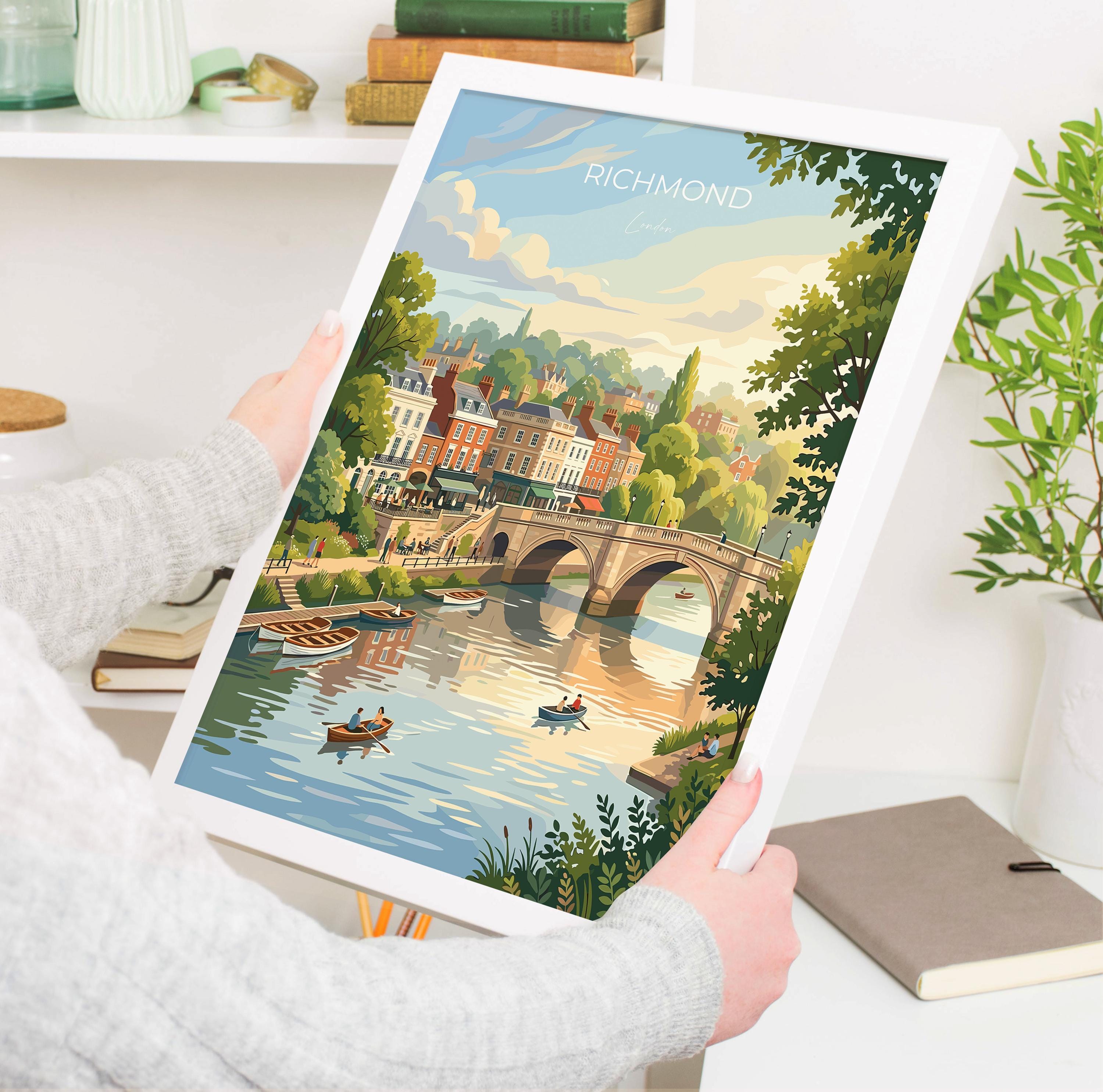 Richmond upon Thames Travel Print, Richmond Bridge River Thames Wall Art, London Riverside Poster, Historic Town Art, Vintage Style UK Decor