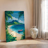 a large painting of a tropical beach scene with palm trees, a boat on the water, and a mountainous backdrop. The painting is displayed on a wall next to a large white vase.