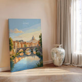 Rome Tiber River Travel Print, Rome Skyline Wall Art, Historic Bridge & Cityscape Poster, Italy Landscape Illustration, Europe Decor