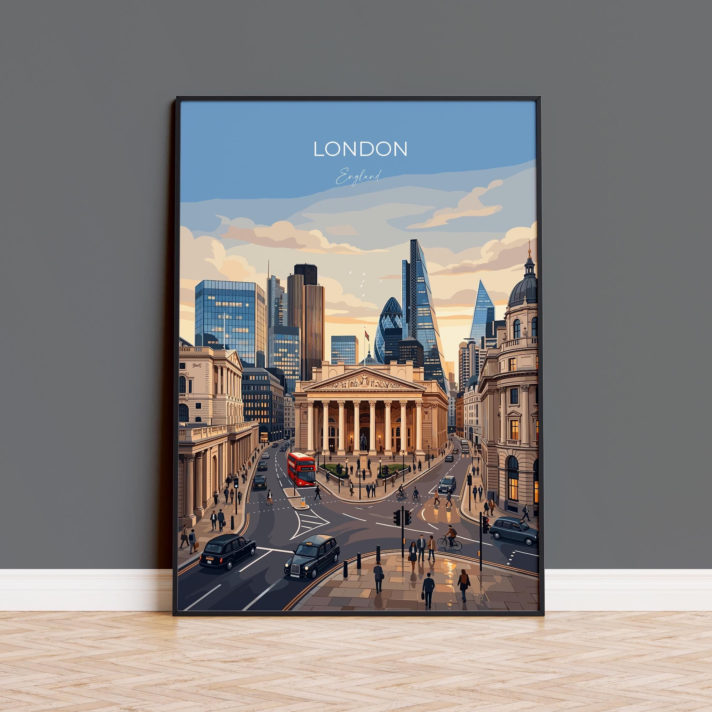 City of London Travel Print, Bank Junction Wall Art, Historic Financial District Poster, London Cityscape Illustration, Vintage UK Decor