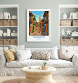 Cartagena Colombia Travel Poster, Colourful Old Town Street Art, Cartagena Street Scene Print, Caribbean Travel Wall Art, Vintage Style Art