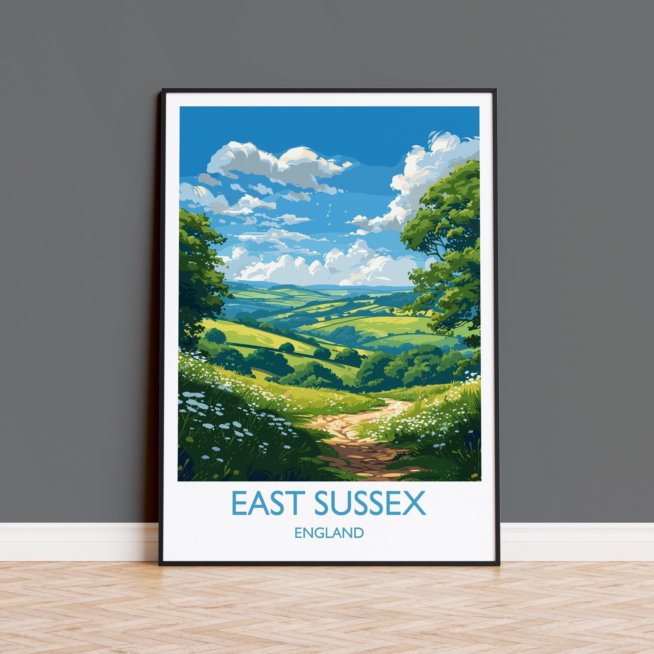 East Sussex Travel Poster Wall Art, East Sussex Travel Print, English Countryside Art Gift, Wall Art Print NQ Media Designs