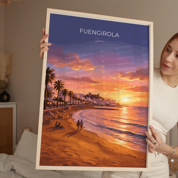 Fuengirola Spain Sunset Travel Print, Costa del Sol Beach Wall Art, Seaside Promenade Poster, Spanish Coastal Illustration, Holiday Decor
