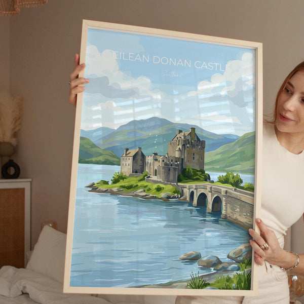 Eilean Donan Castle Scotland Travel Print, Scottish Highlands Castle Wall Art, Landscape Poster, Iconic Scotland Illustration, UK Decor