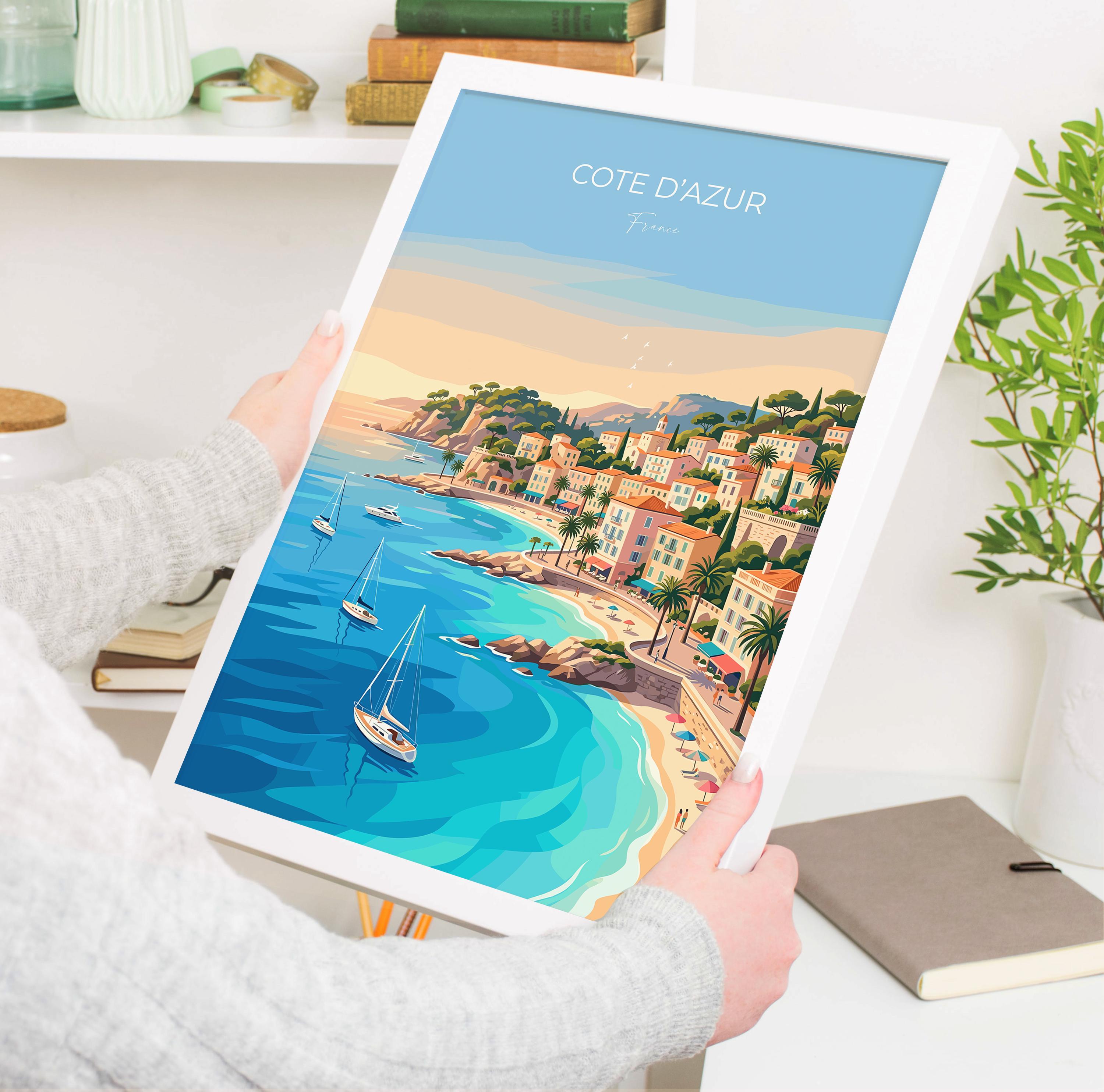 Côte d’Azur France Travel Print, French Riviera Wall Art, Mediterranean Coastal Poster, Luxury Seaside Illustration, Vintage Style Decor