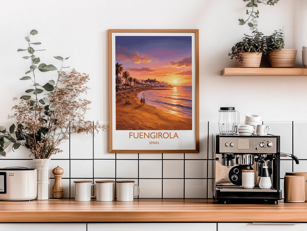 Fuengirola Spain Travel Poster, Costa del Sol Beach Wall Art, Sunset Promenade Print, Spanish Coastal Illustration, Holiday Decor