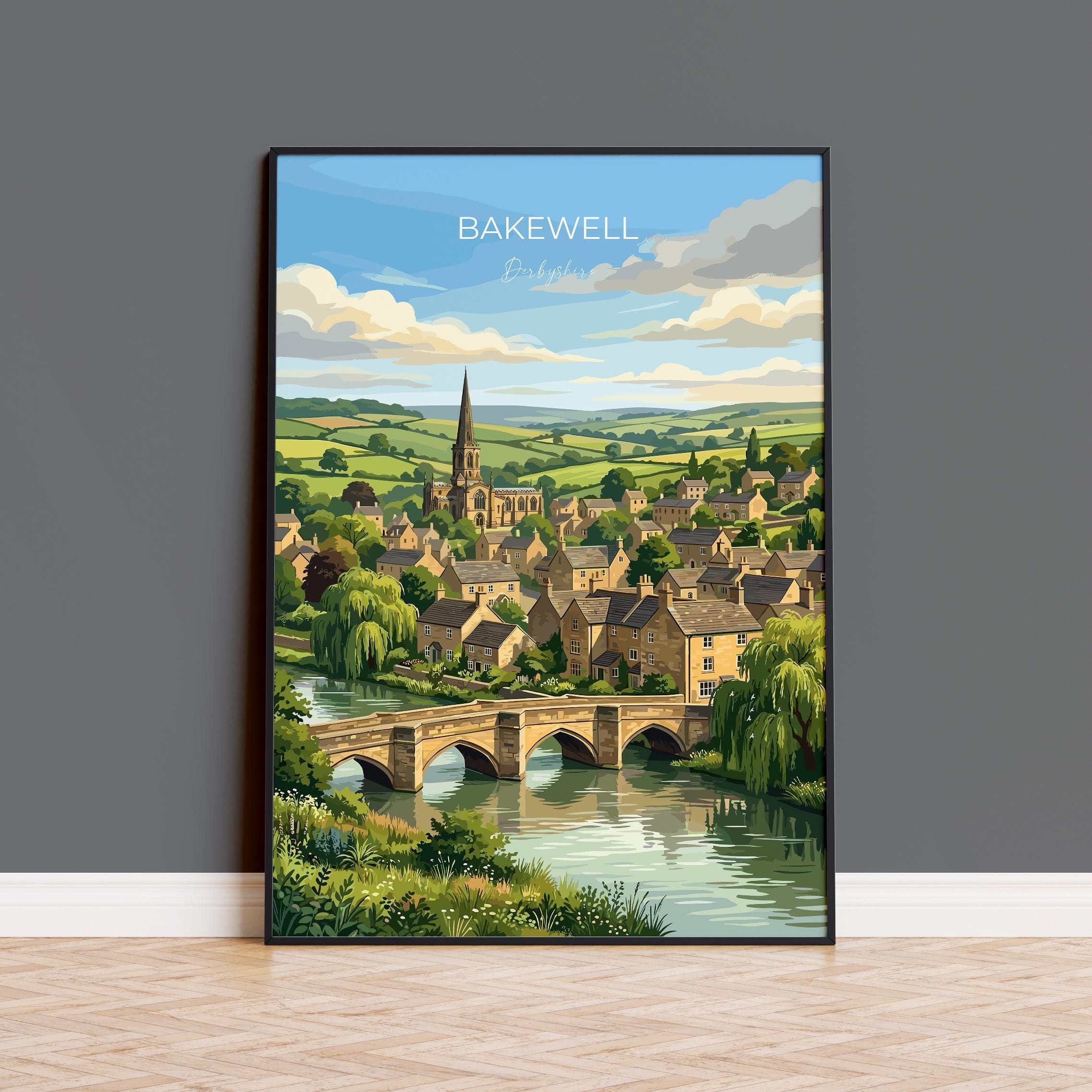 Bakewell Derbyshire Travel Print, Peak District Wall Art, River Wye Town Poster, Historic Market Town Illustration, Vintage Style UK Decor