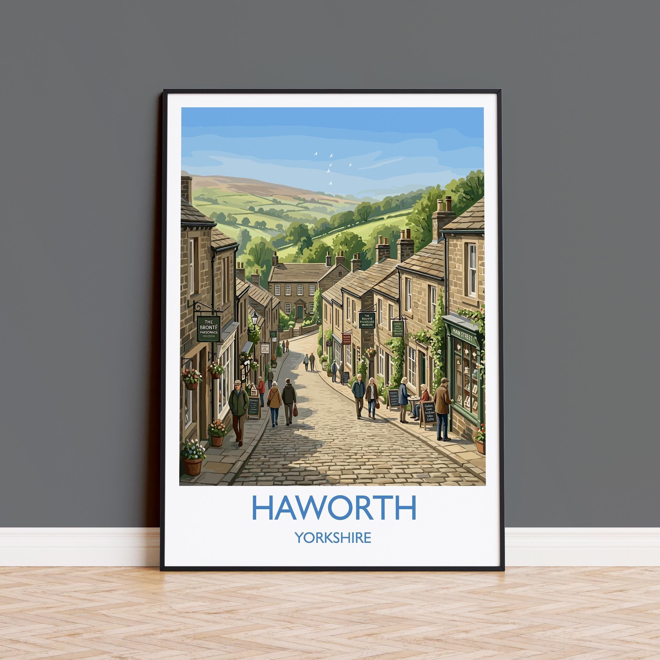 Haworth Yorkshire Travel Poster, Brontë Village Wall Art, Historic Hill & Cottages Print, English Countryside Illustration, Vintage UK Decor NQ Media Designs