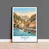 Amalfi Italy Travel Poster, Amalfi Coast Wall Art, Mediterranean Seaside Print, Colourful Coastal Village Illustration, Vintage Europe Decor