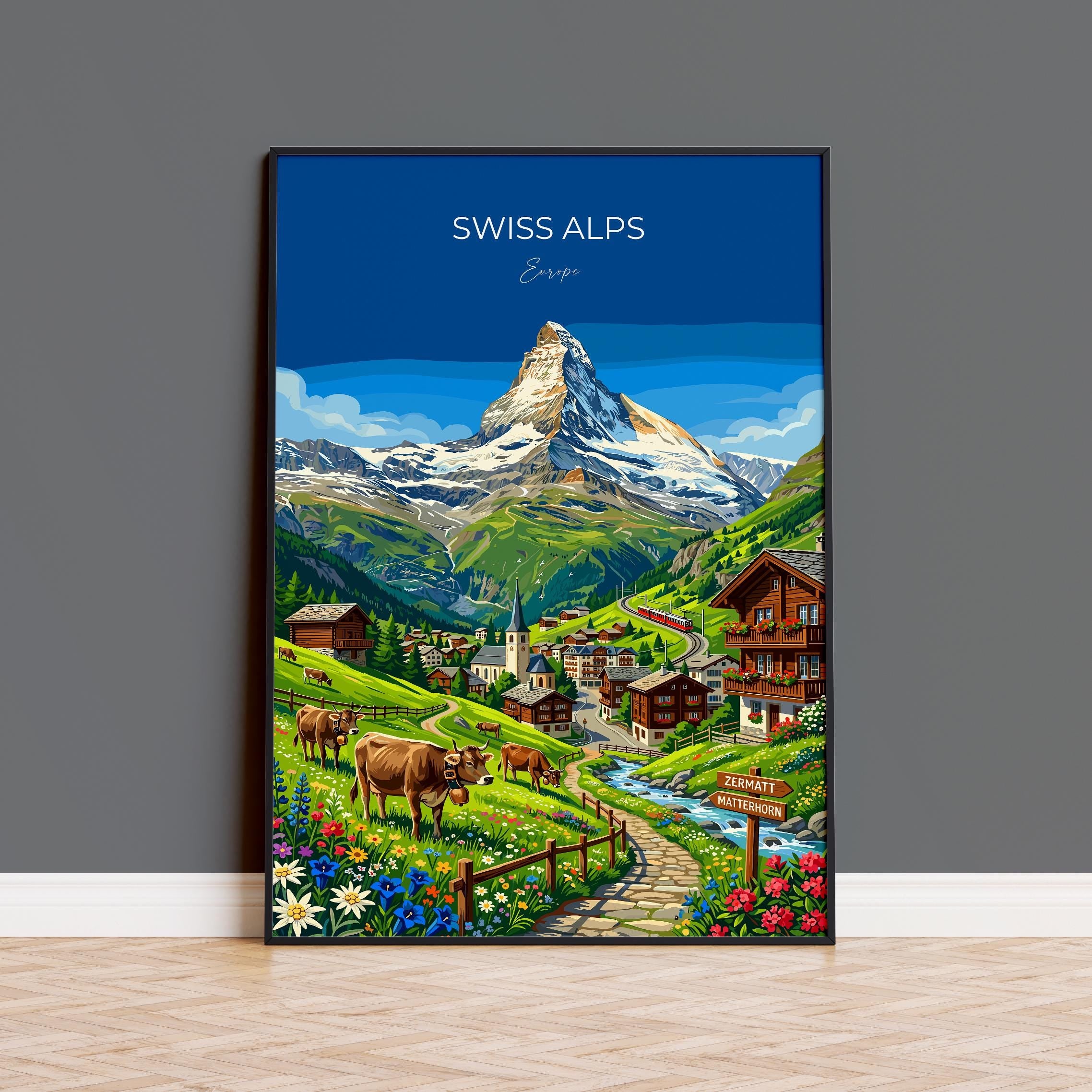 Swiss Alps Travel Print, Switzerland Mountain Wall Art, Alpine Landscape Poster, Snow-Capped Peaks Illustration, Vintage Style Europe Decor