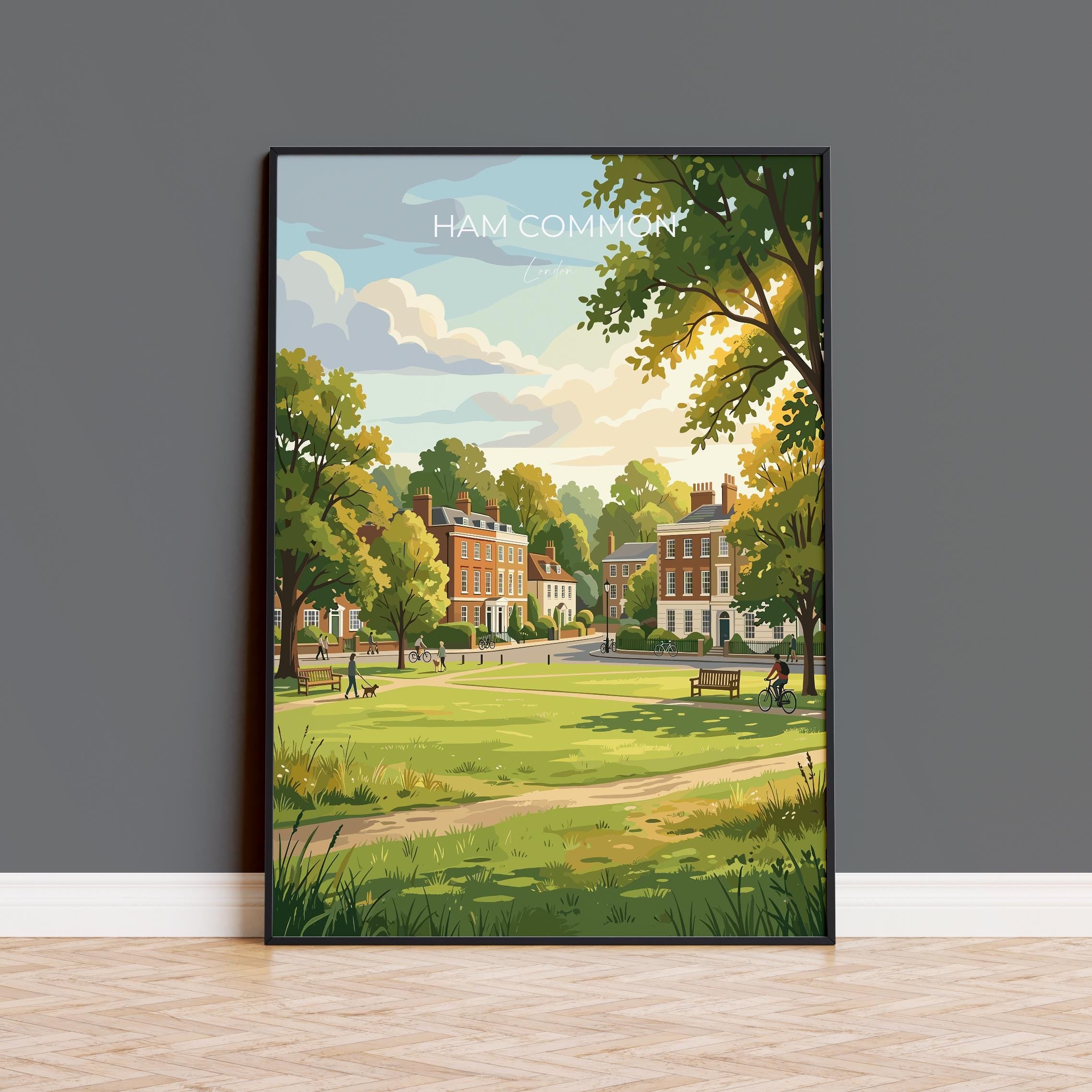 Ham Common London Travel Print, Richmond Borough Wall Art, Historic Village Green Poster, Surrey Landscape Art, Vintage Style UK Decor