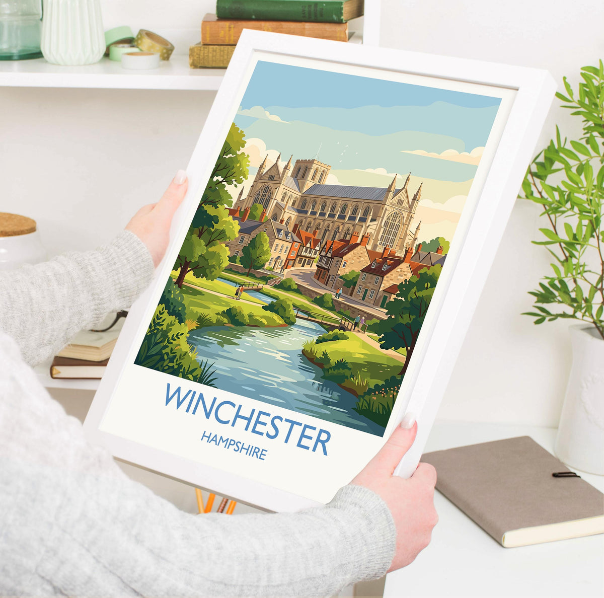 Winchester Hampshire Travel Poster, Winchester Cathedral Wall Art, Historic City Print, Hampshire Illustration, Vintage Style UK Decor