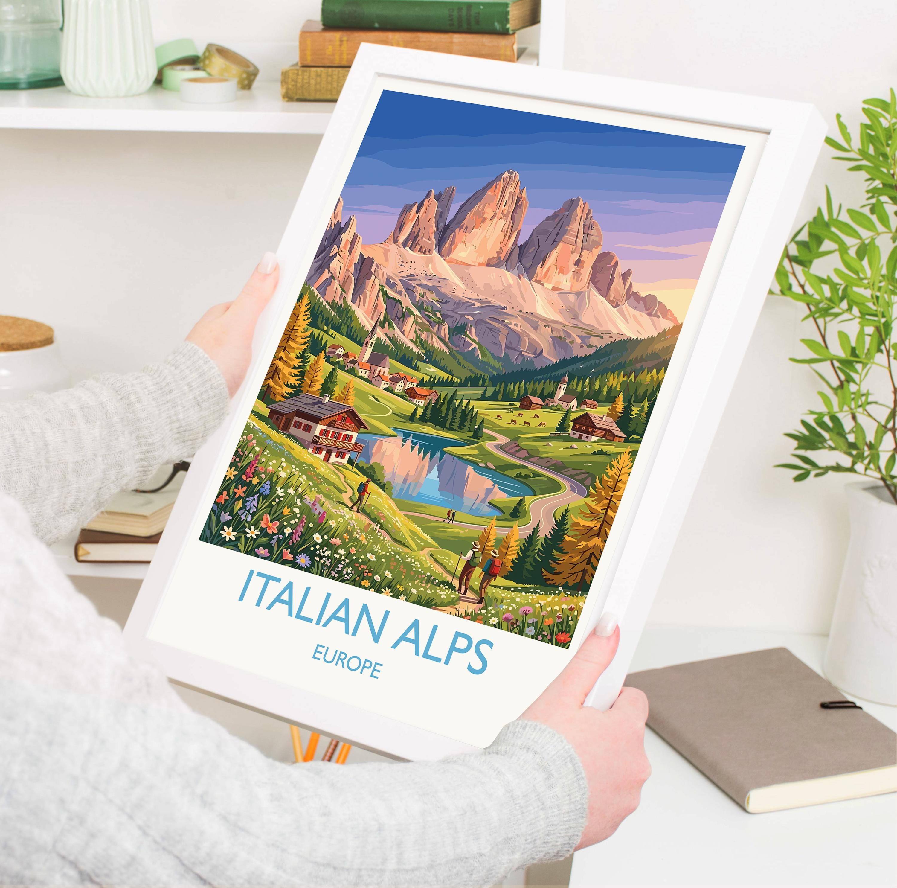 Italian Alps Travel Poster, Dolomites Mountain Wall Art, Alpine Landscape Print, Italy Mountain Illustration, Vintage Style Europe Decor