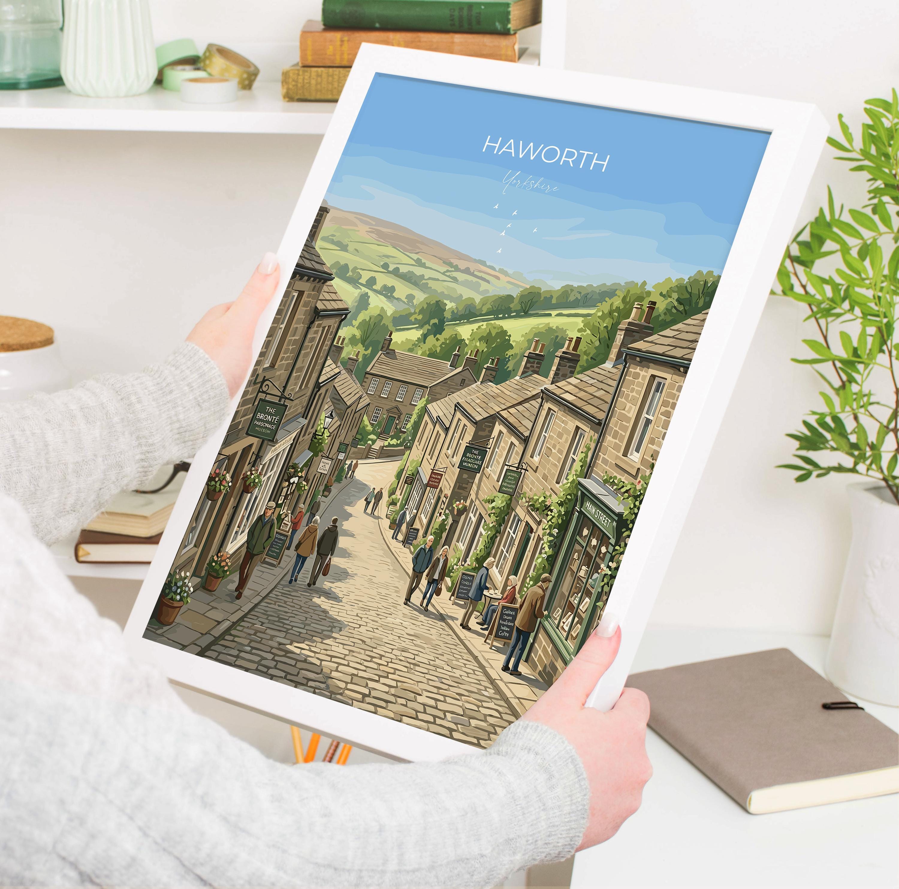 Haworth Yorkshire Travel Print, Brontë Village Wall Art, Historic Hill & Cottages Poster, English Countryside Illustration, Vintage UK Decor NQ Media Designs