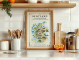 Scotland Illustrated Map Print, UK Wall Art, Highlands Map Poster, Framed or Canvas Print, Scotland Gift Print