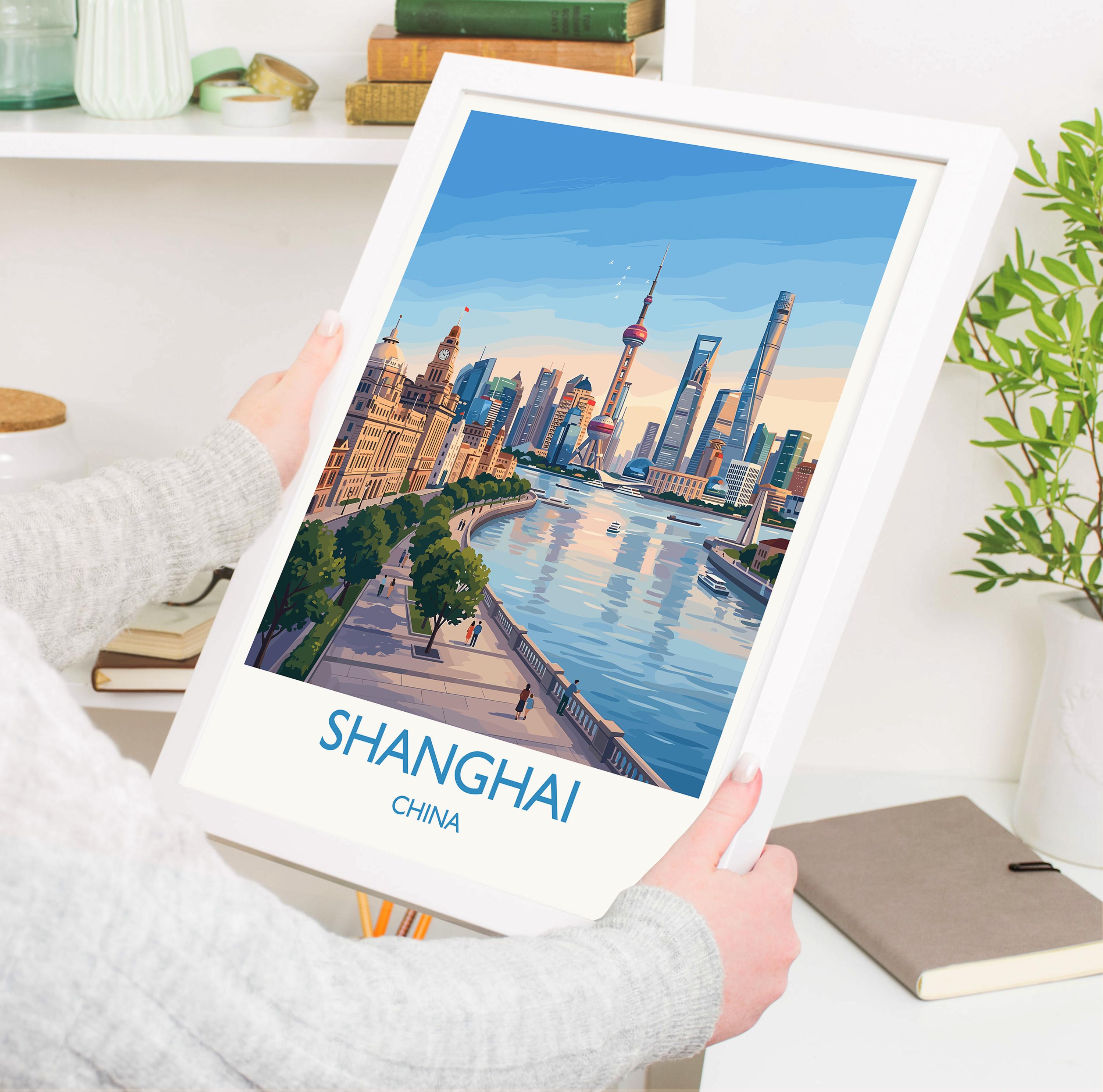 Shanghai China Travel Poster, City Skyline Wall Art, Shanghai Print, Bund & Pudong Illustration, Asia Vintage Style Decor