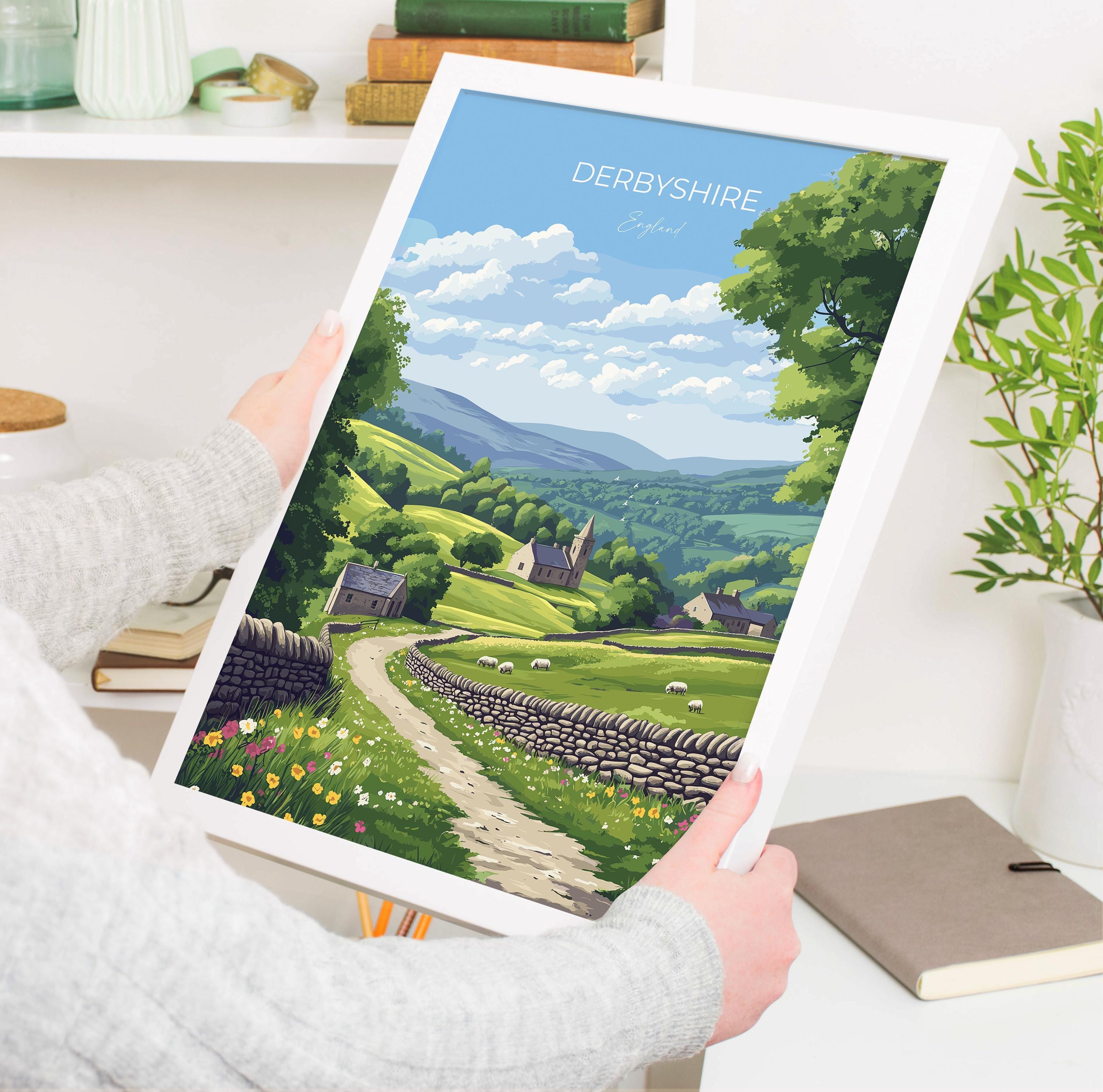 Derbyshire Travel Print Wall Art, Derbyshire Travel Poster, English Countryside Art Gift, Wall Art Print NQ Media Designs